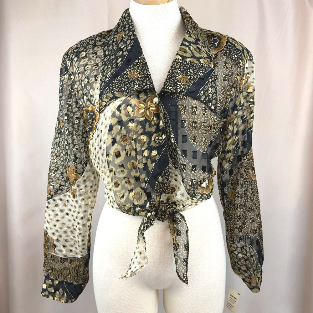 Vintage Womens (L) Sheer Animal Print Crop Blouse Metallic Gold Mobwife‎ Y2K USA